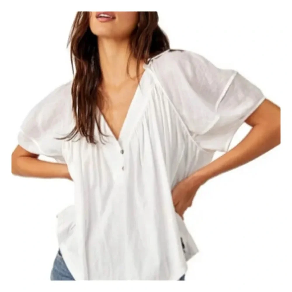 Free People We The Free Wildflower Top Optic White Cotton Ramie Blouse XS NEW